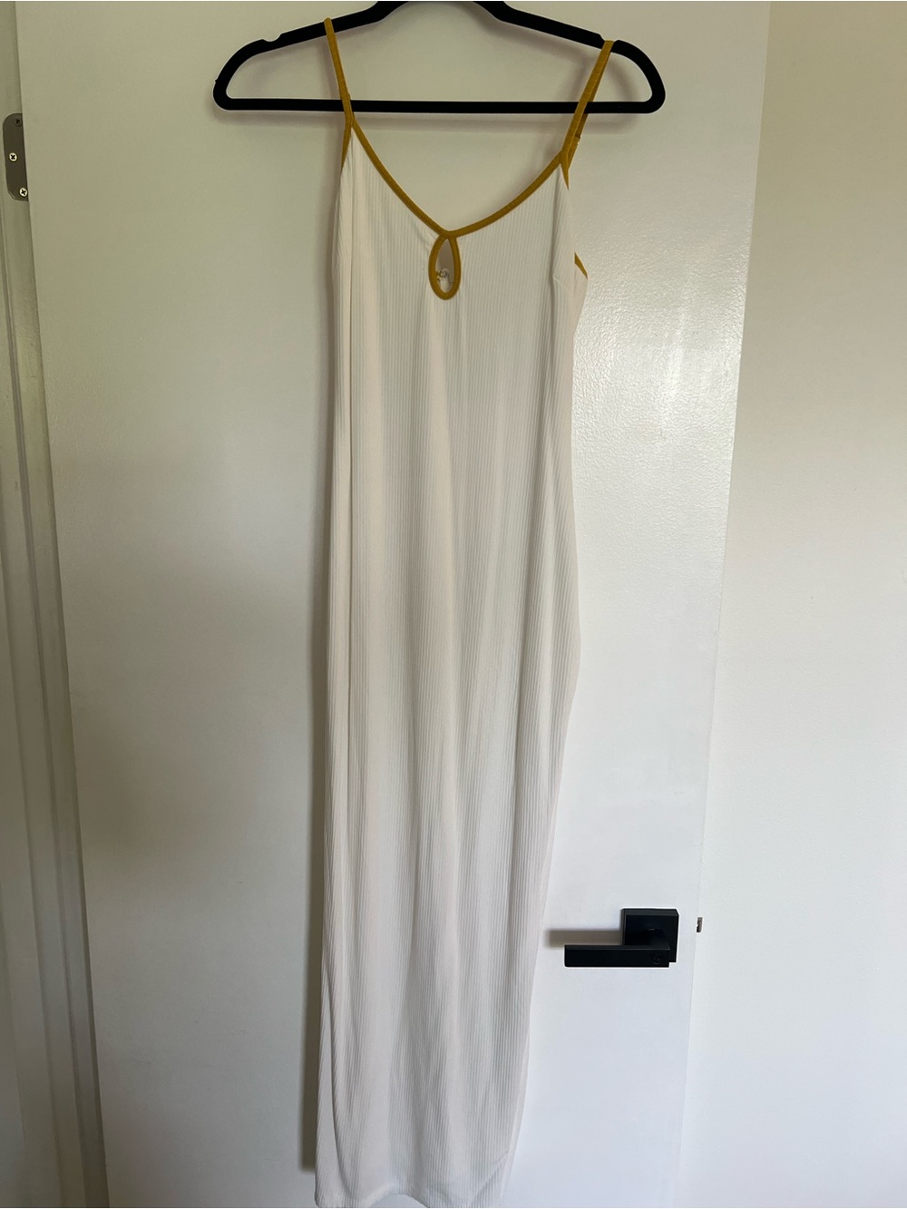 White Midi Slip Dress with Mustard Trim